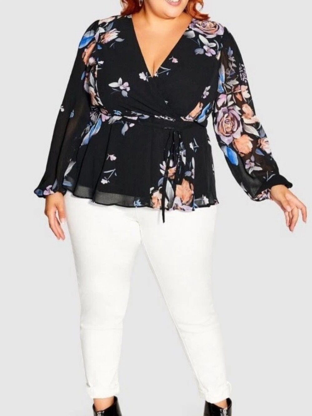 City Chic Long Sleeve Blouse Women's  Naomi Spring Ditsy Black Floral 22W